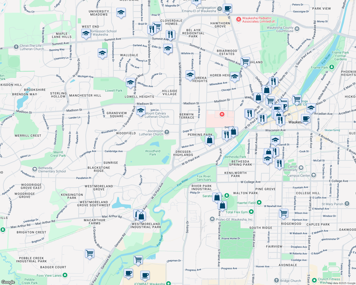 map of restaurants, bars, coffee shops, grocery stores, and more near 438 South Moreland Boulevard in Waukesha