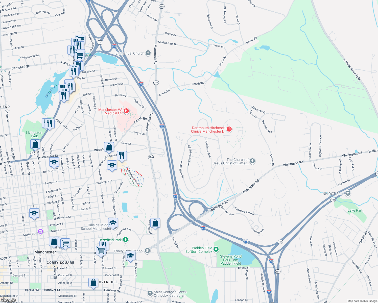 map of restaurants, bars, coffee shops, grocery stores, and more near 619 Wellington Hill Road in Manchester
