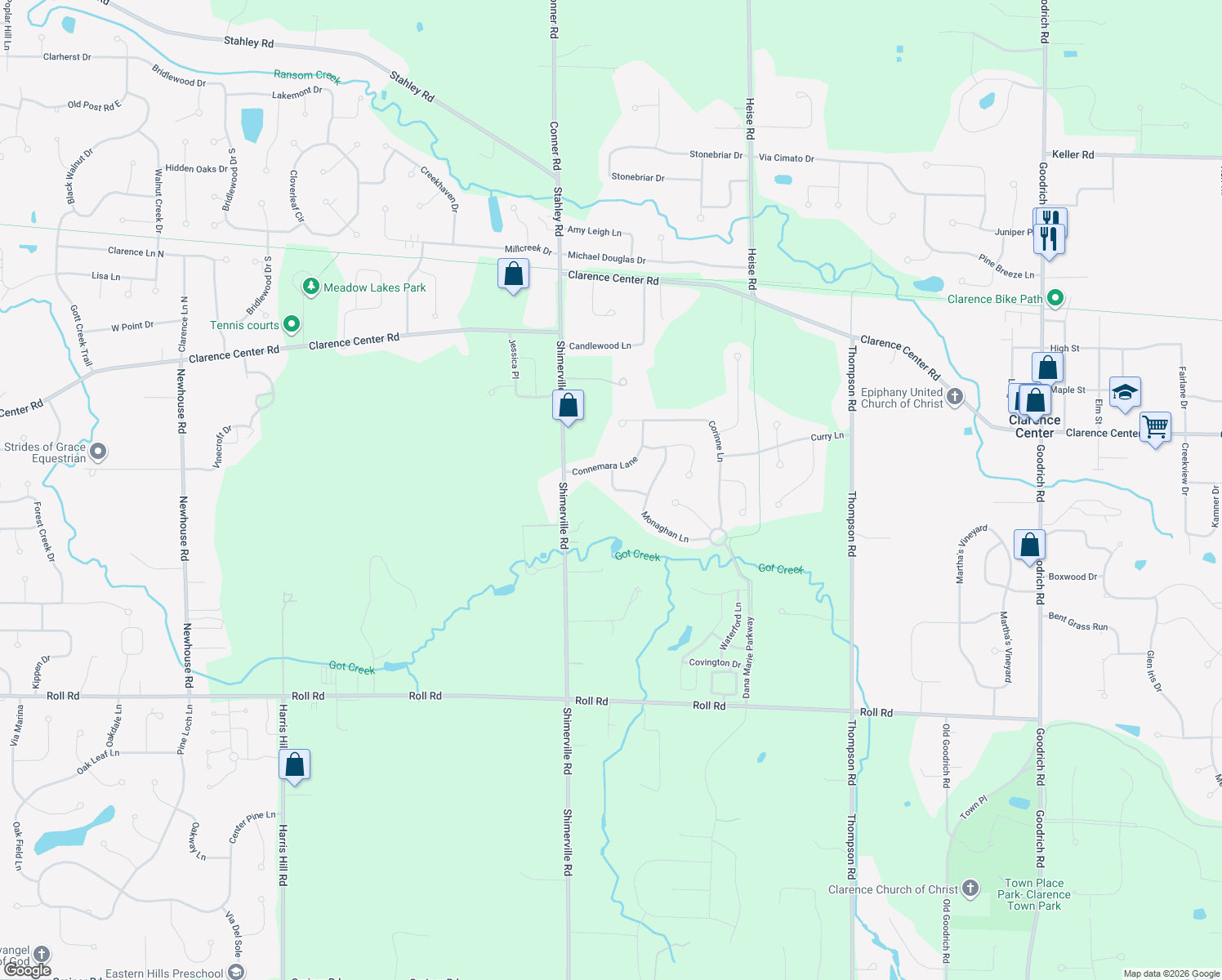 map of restaurants, bars, coffee shops, grocery stores, and more near 8909 Galway Terrace in Clarence Center