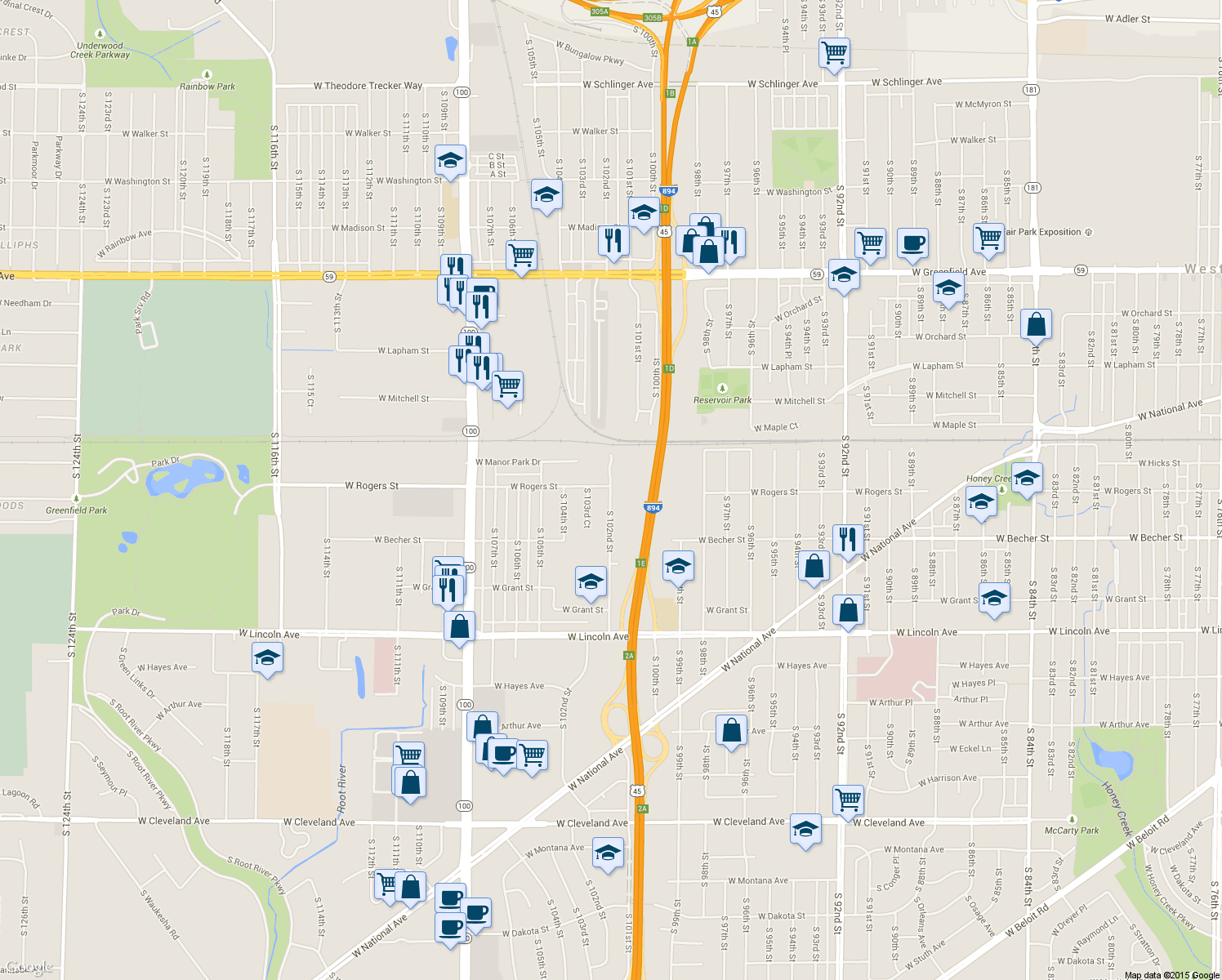 map of restaurants, bars, coffee shops, grocery stores, and more near 2014 South 102nd Street in West Allis