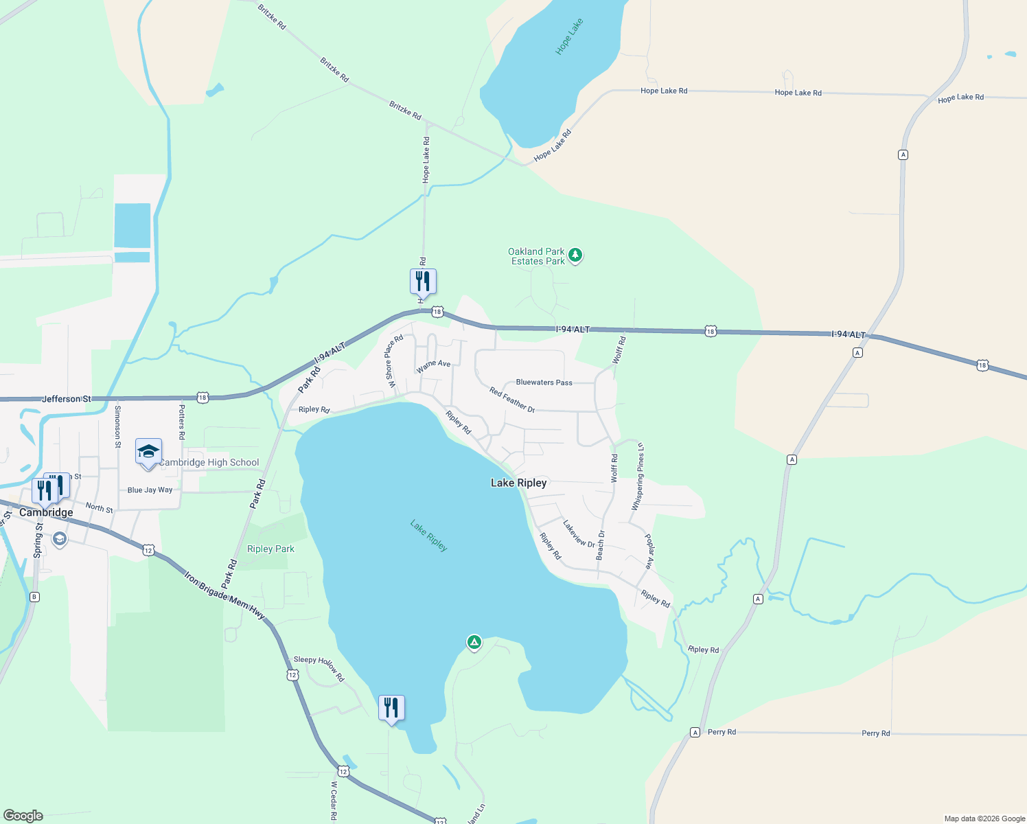 map of restaurants, bars, coffee shops, grocery stores, and more near W9199 Red Feather Drive in Cambridge