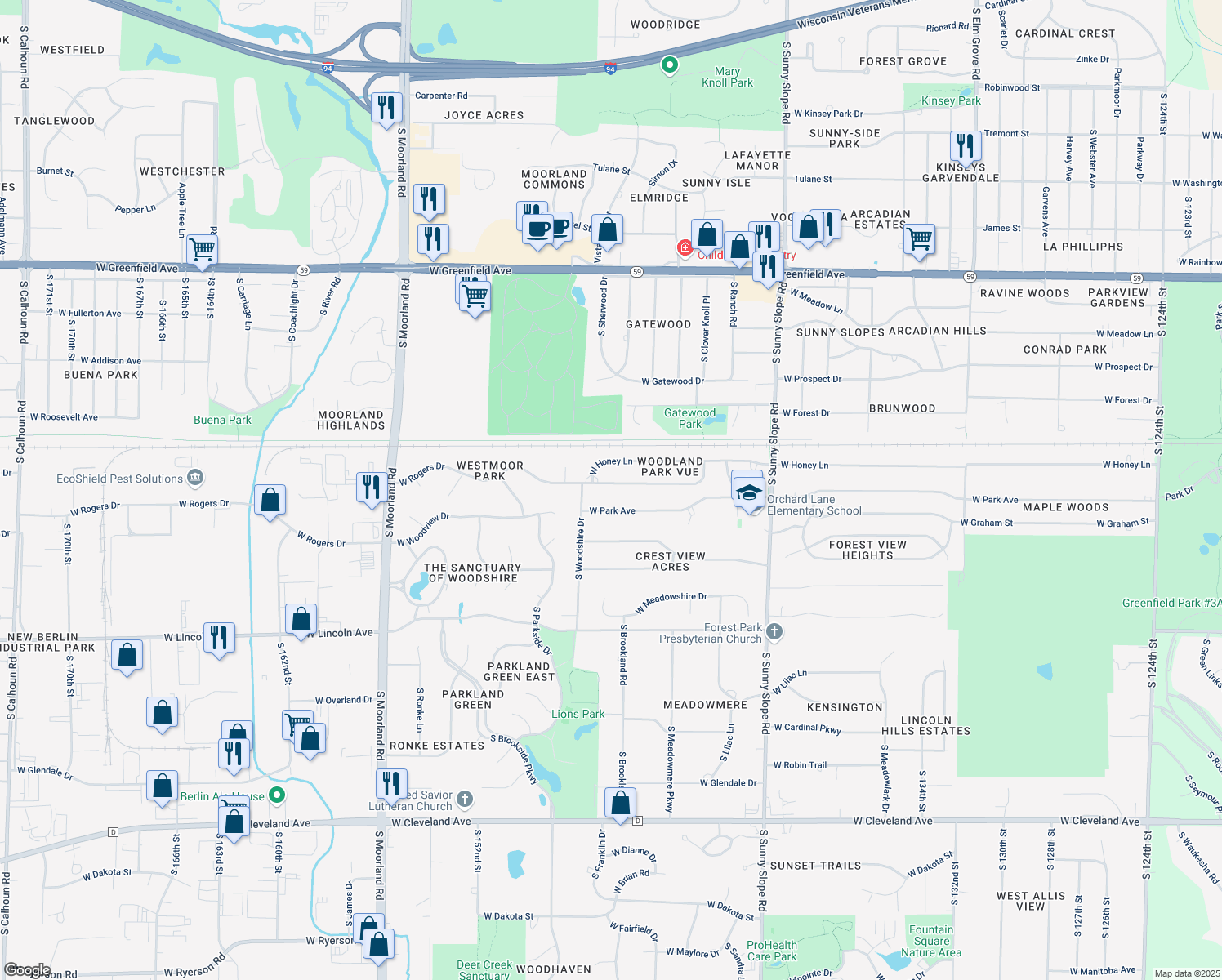map of restaurants, bars, coffee shops, grocery stores, and more near 14685 West Rogers Drive in New Berlin