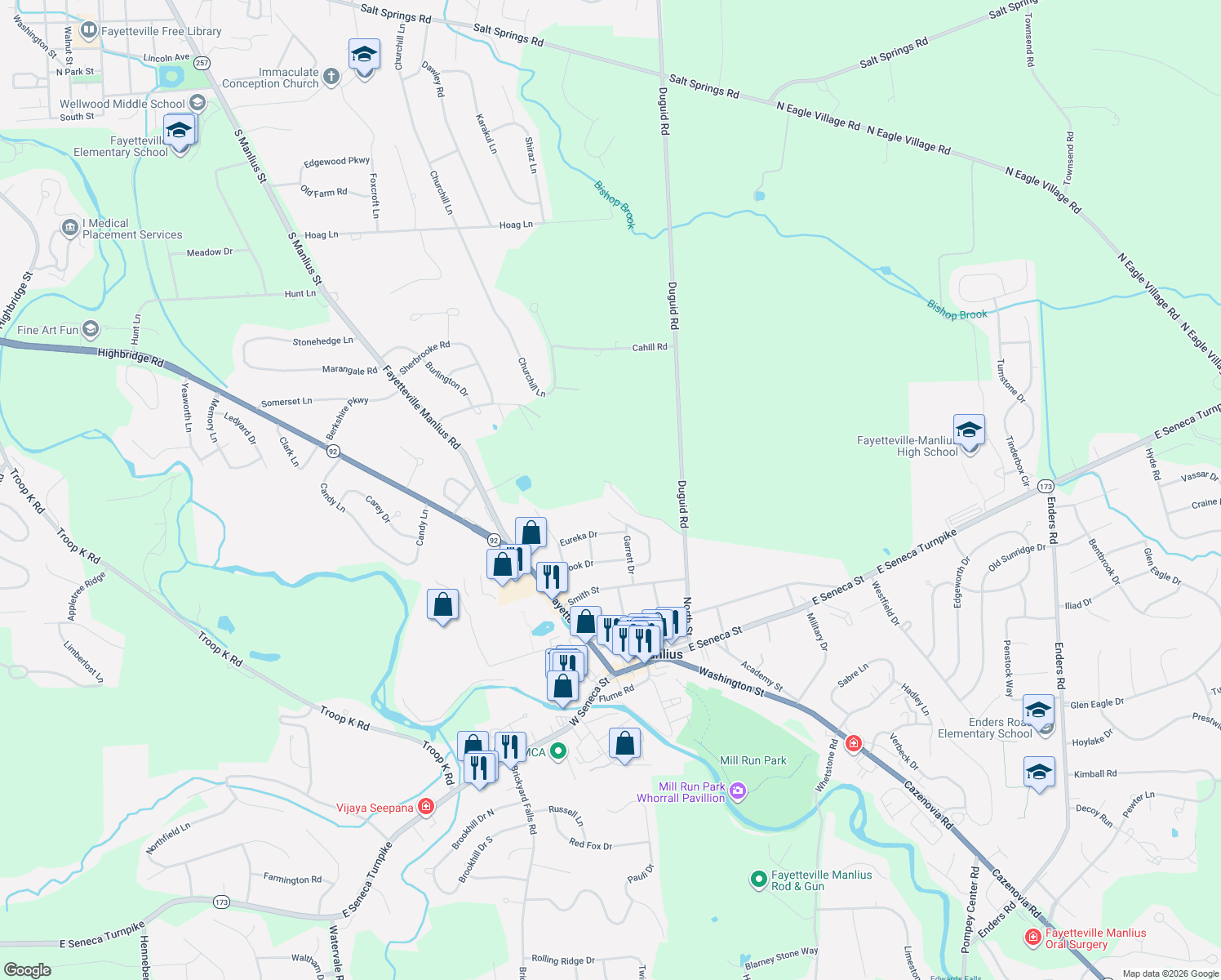 map of restaurants, bars, coffee shops, grocery stores, and more near 136 Hillside Dr in Manlius