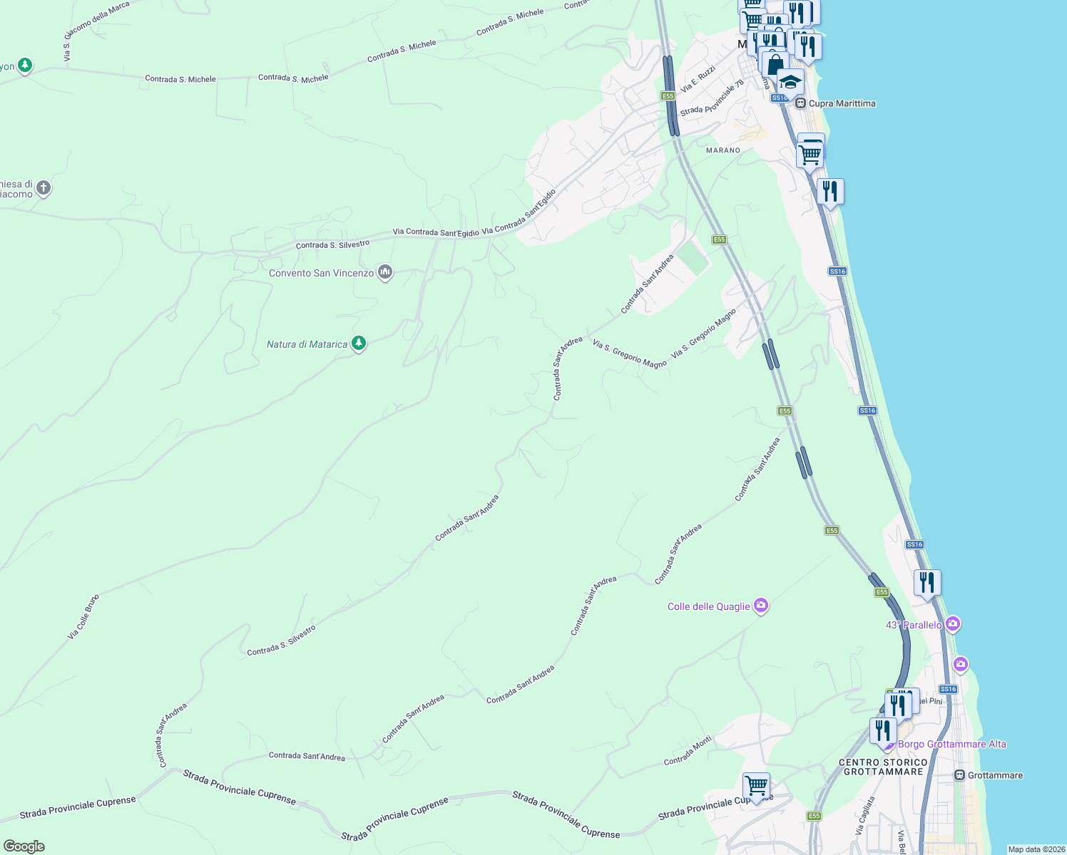 map of restaurants, bars, coffee shops, grocery stores, and more near 139 Contrada San Silvestro in Provincia di Ascoli Piceno