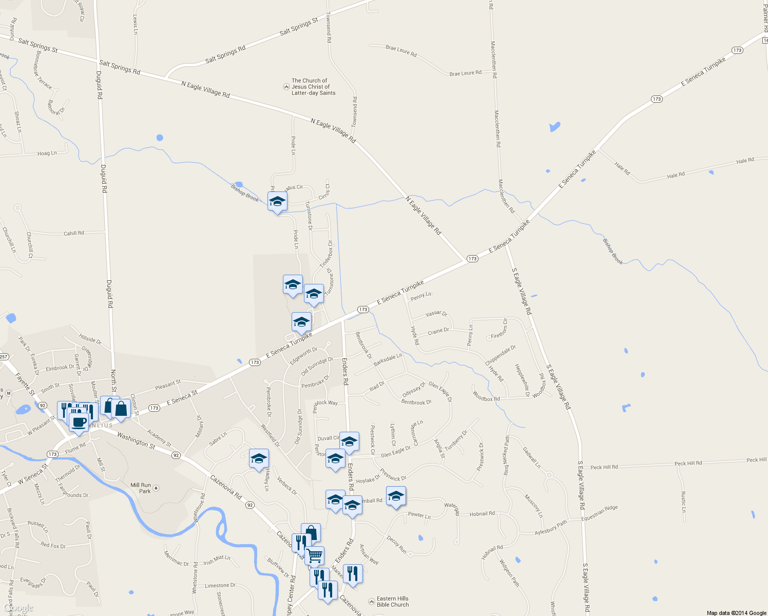map of restaurants, bars, coffee shops, grocery stores, and more near 8284 East Seneca Turnpike in Manlius