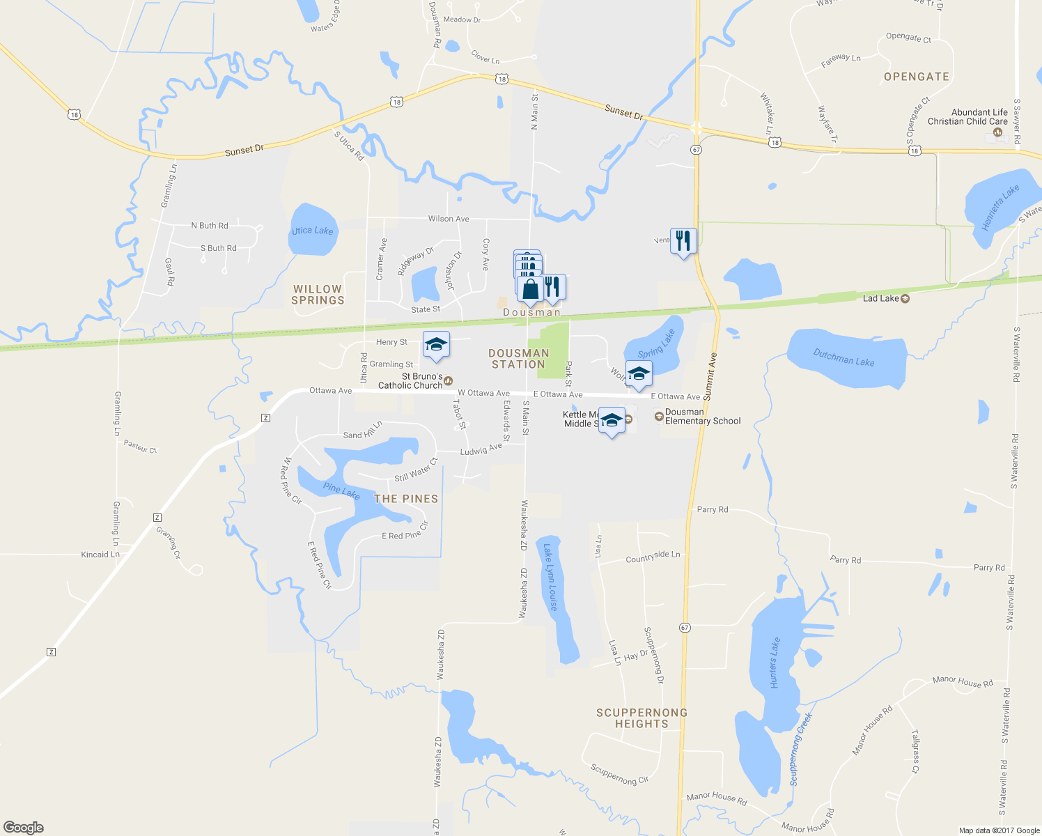 map of restaurants, bars, coffee shops, grocery stores, and more near 235 South Main Street in Dousman