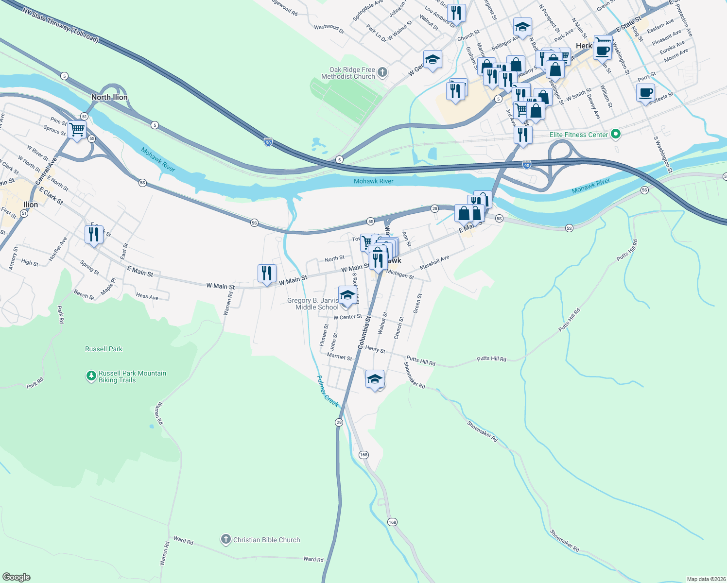 map of restaurants, bars, coffee shops, grocery stores, and more near 20 S Washington St in Mohawk