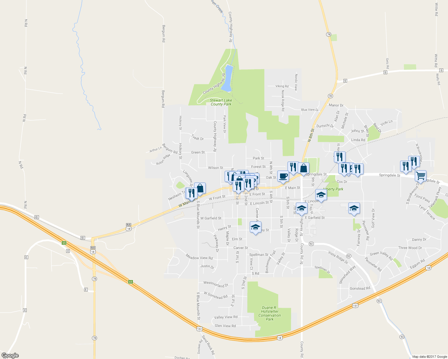 map of restaurants, bars, coffee shops, grocery stores, and more near 205 North Washington Street in Mount Horeb