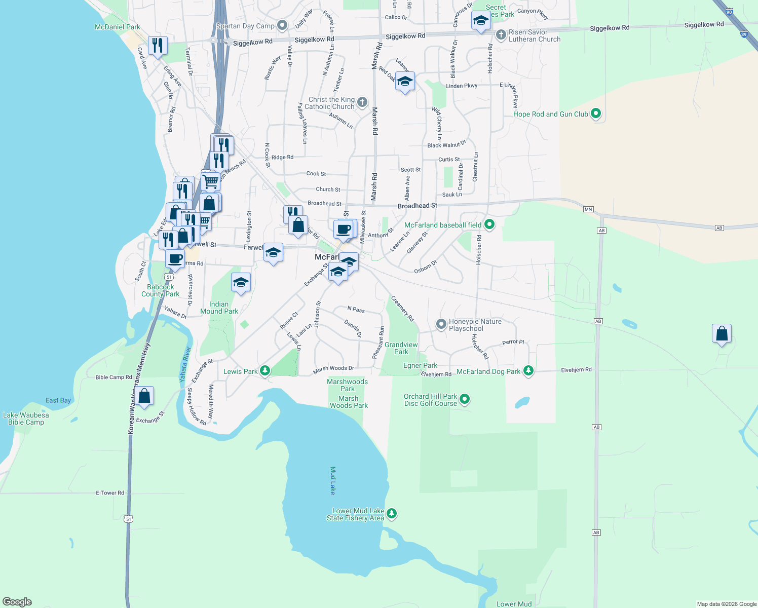 map of restaurants, bars, coffee shops, grocery stores, and more near 6116 Creamery Court in McFarland