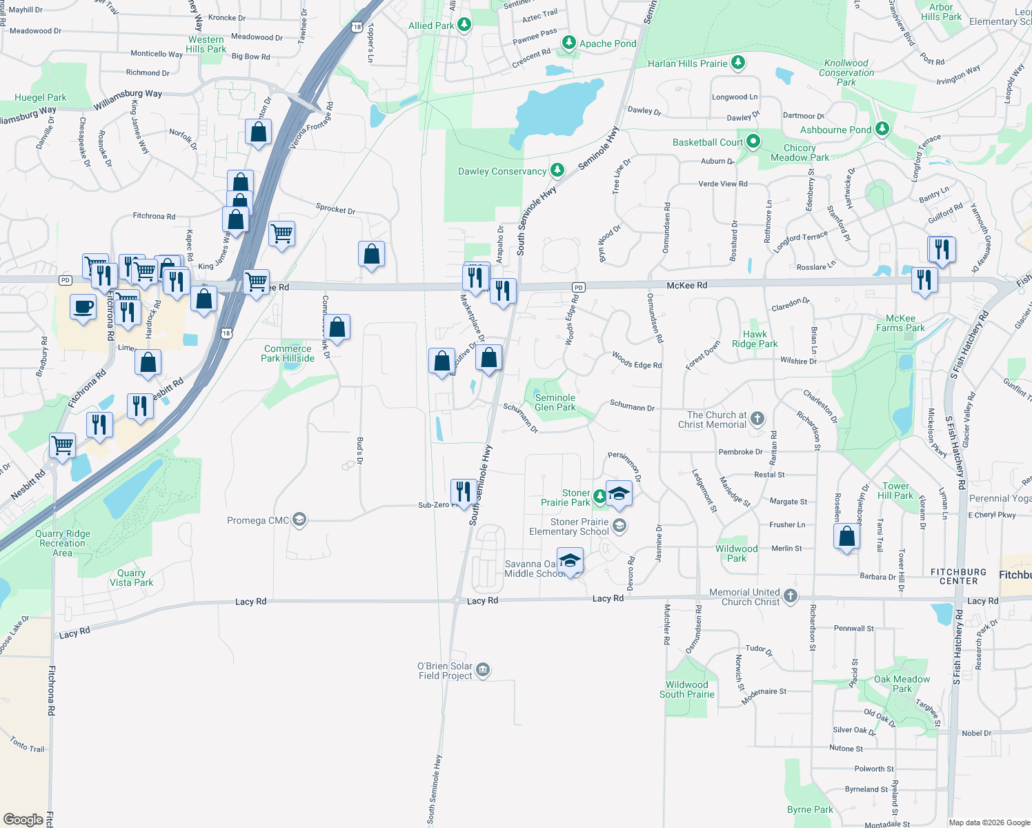 map of restaurants, bars, coffee shops, grocery stores, and more near 5937 Schumann Drive in Fitchburg