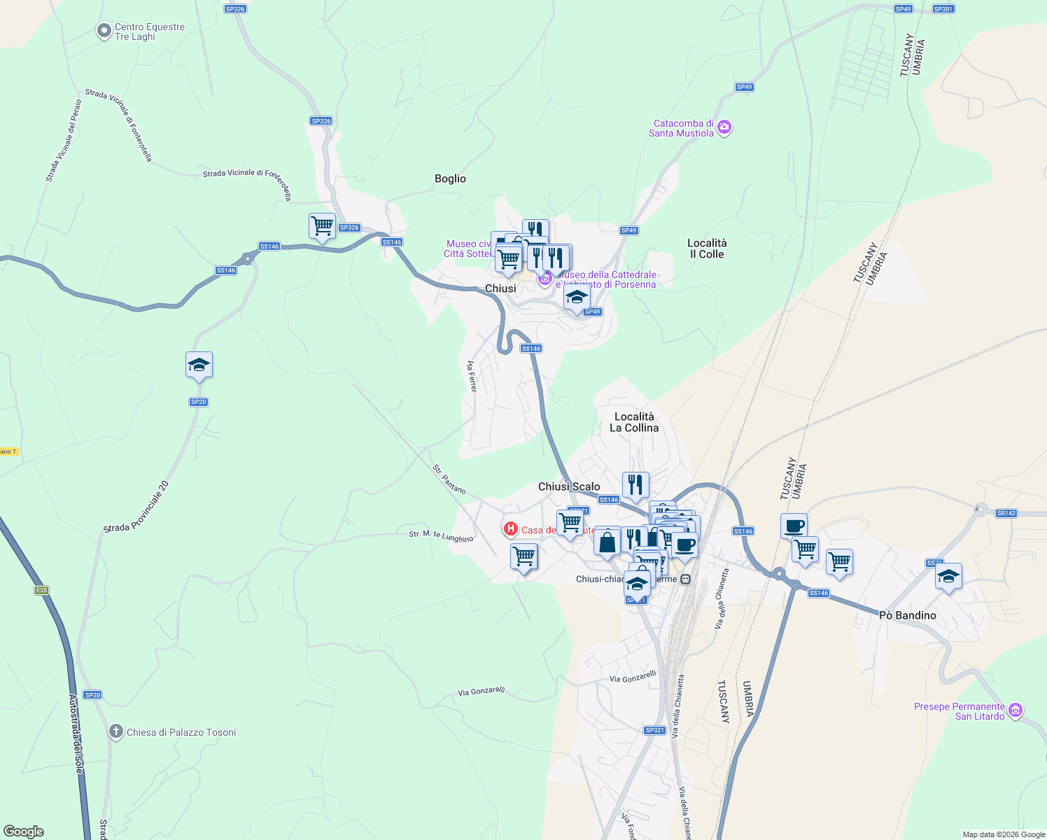 map of restaurants, bars, coffee shops, grocery stores, and more near 16 Piazzale Lumumba in Chiusi