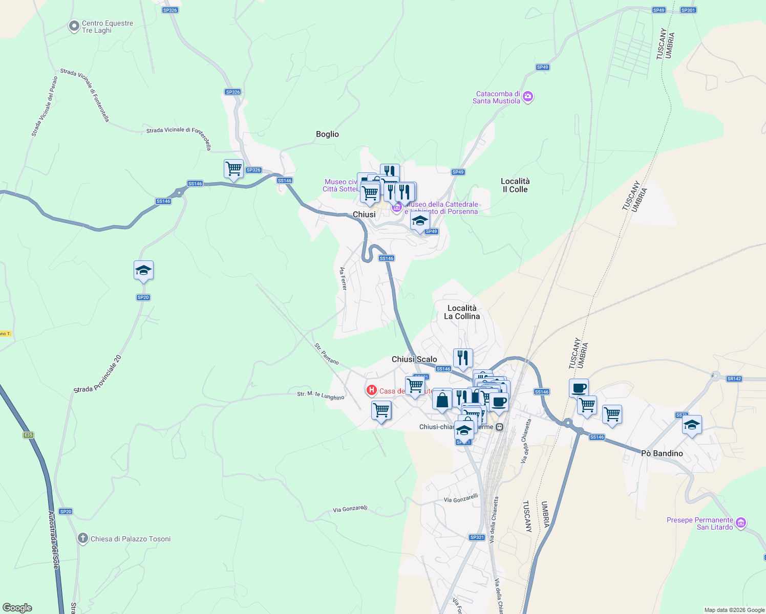 map of restaurants, bars, coffee shops, grocery stores, and more near 16 Piazzale Lumumba in Chiusi
