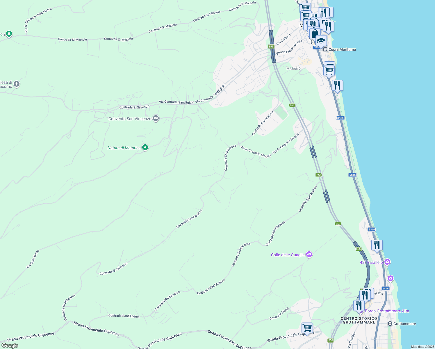 map of restaurants, bars, coffee shops, grocery stores, and more near 139 Contrada San Silvestro in Provincia di Ascoli Piceno