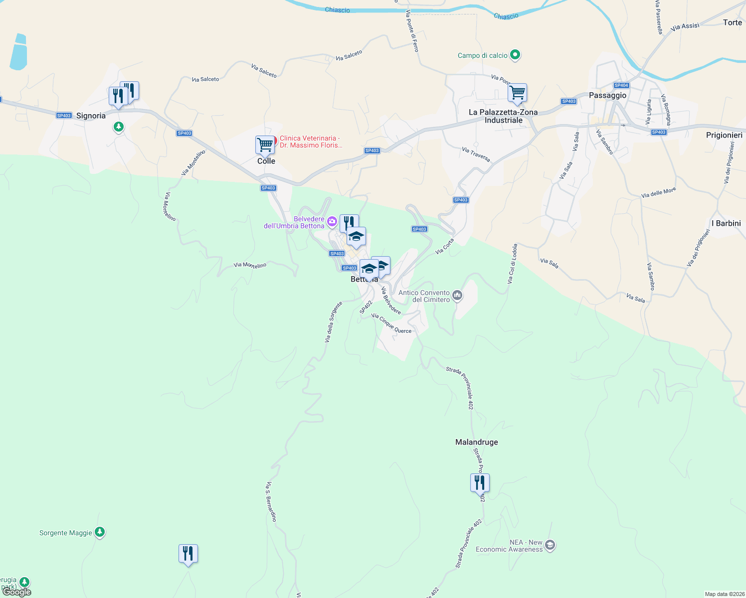 map of restaurants, bars, coffee shops, grocery stores, and more near in Bettona