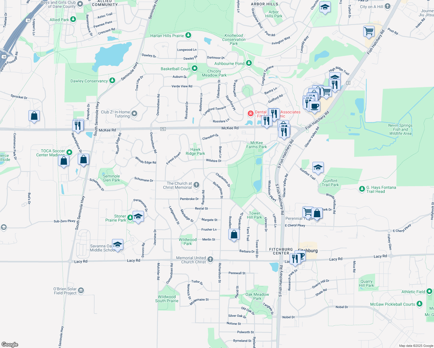 map of restaurants, bars, coffee shops, grocery stores, and more near 2868 Charleston Dr in Fitchburg