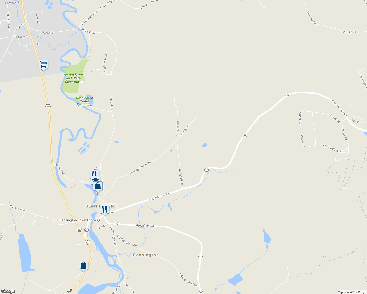 map of restaurants, bars, coffee shops, grocery stores, and more near 65 Dodge Hill Road in Bennington