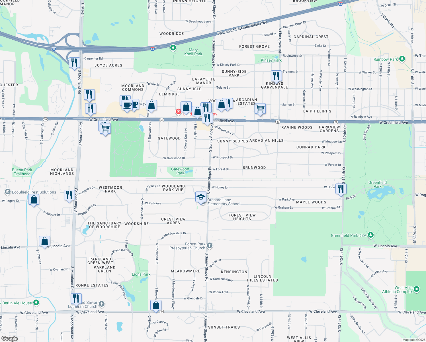 map of restaurants, bars, coffee shops, grocery stores, and more near 13921 West Forest Drive in New Berlin