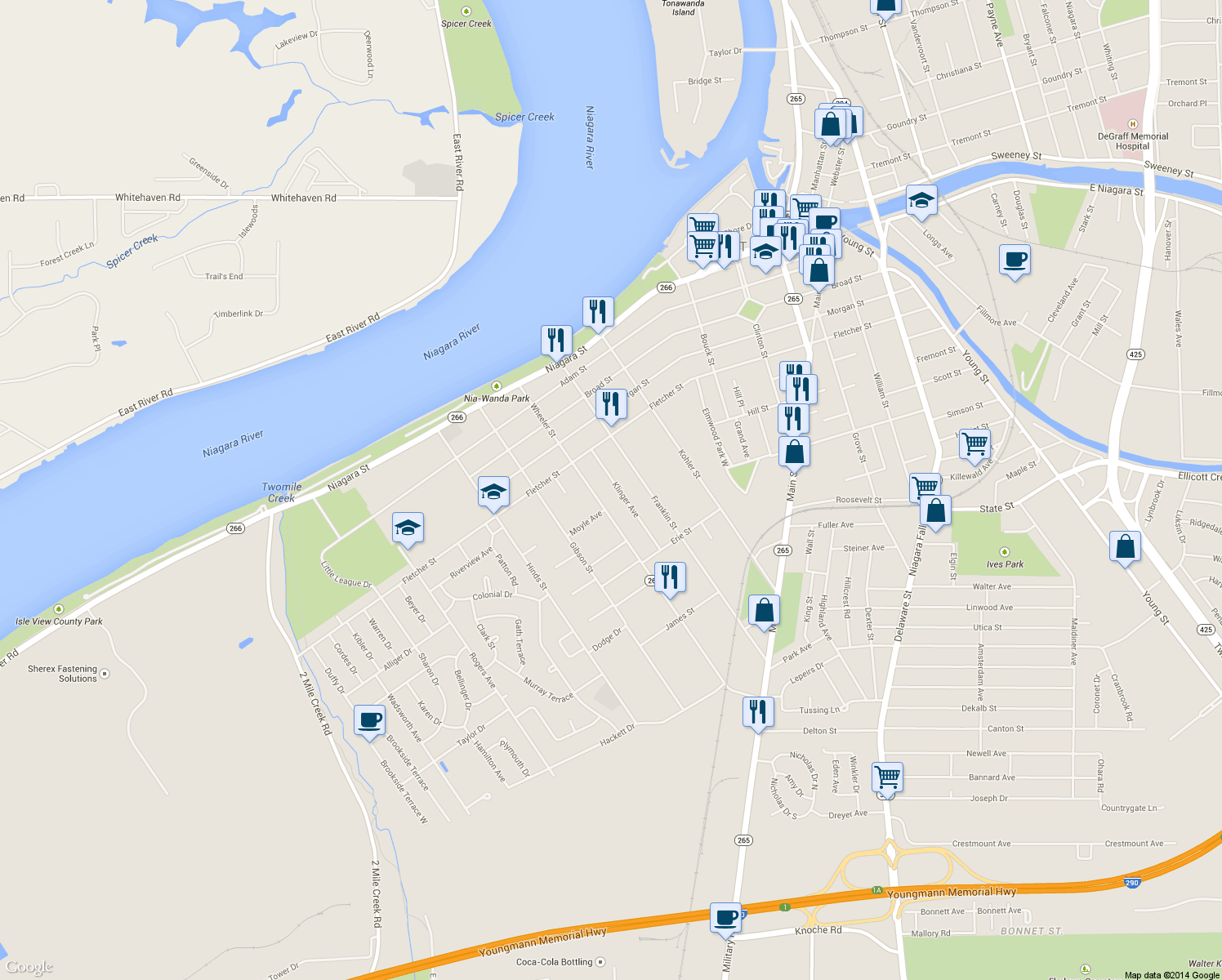 map of restaurants, bars, coffee shops, grocery stores, and more near 58 Klinger Avenue in Tonawanda