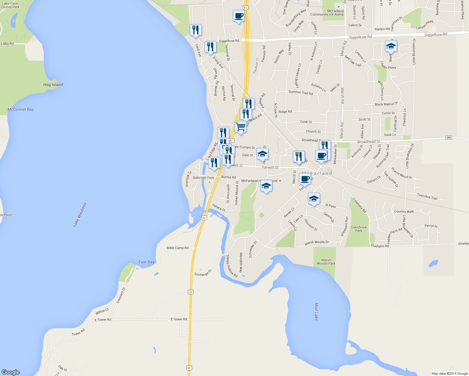 map of restaurants, bars, coffee shops, grocery stores, and more near 6108 Indian Mound Dr in McFarland