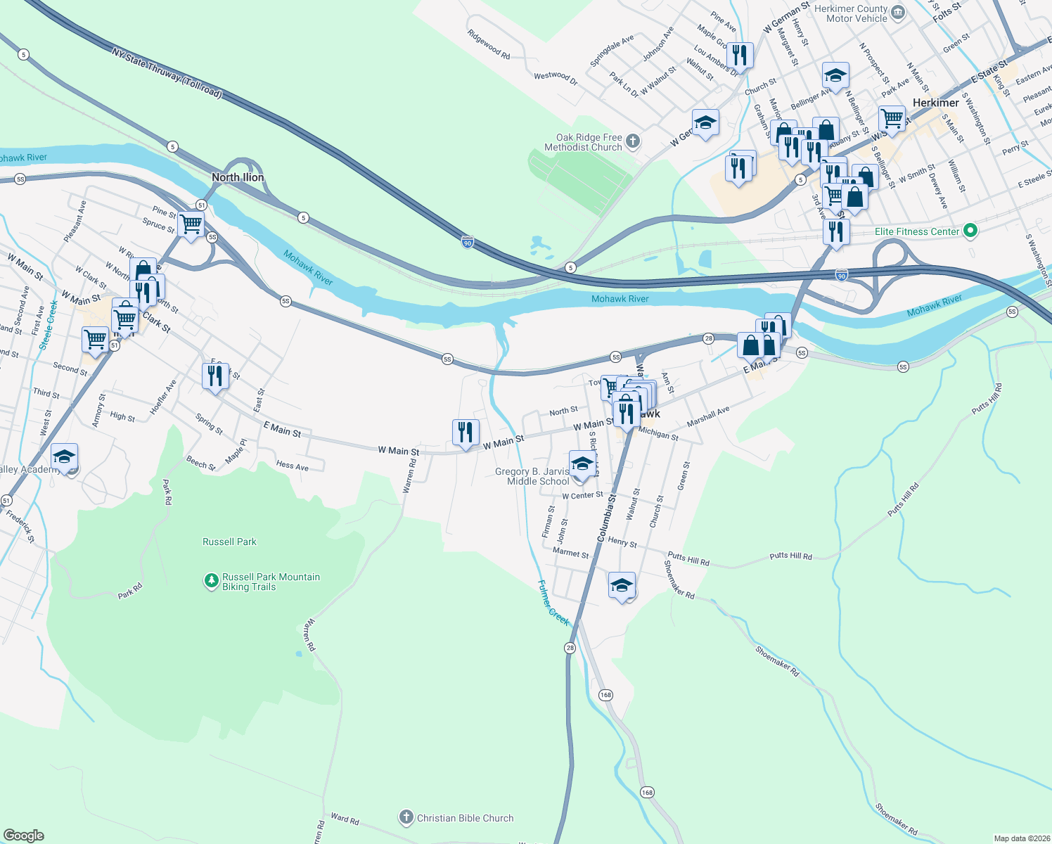 map of restaurants, bars, coffee shops, grocery stores, and more near 10 Lock Street in Mohawk