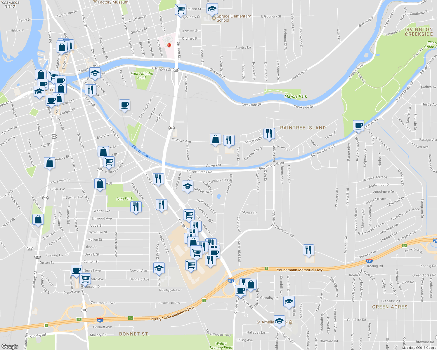 map of restaurants, bars, coffee shops, grocery stores, and more near 404 Ellicott Creek Road in Tonawanda