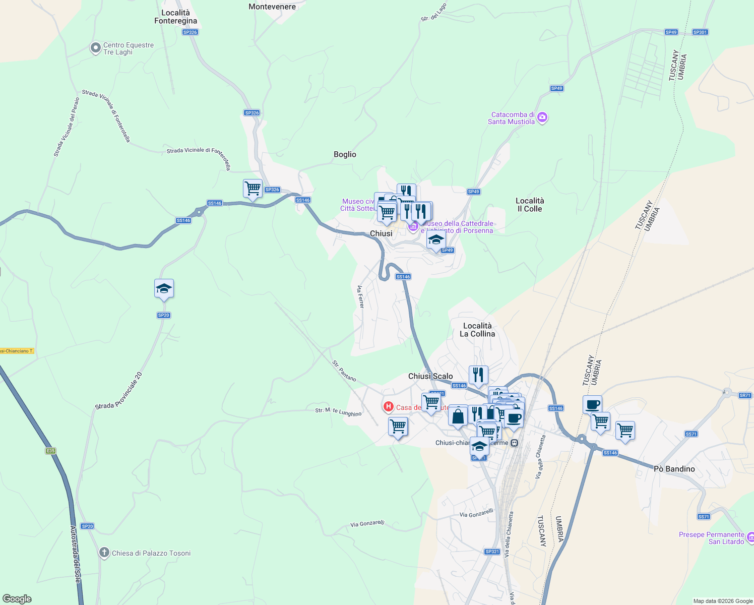 map of restaurants, bars, coffee shops, grocery stores, and more near 25 Via Fratelli Rosselli in Chiusi