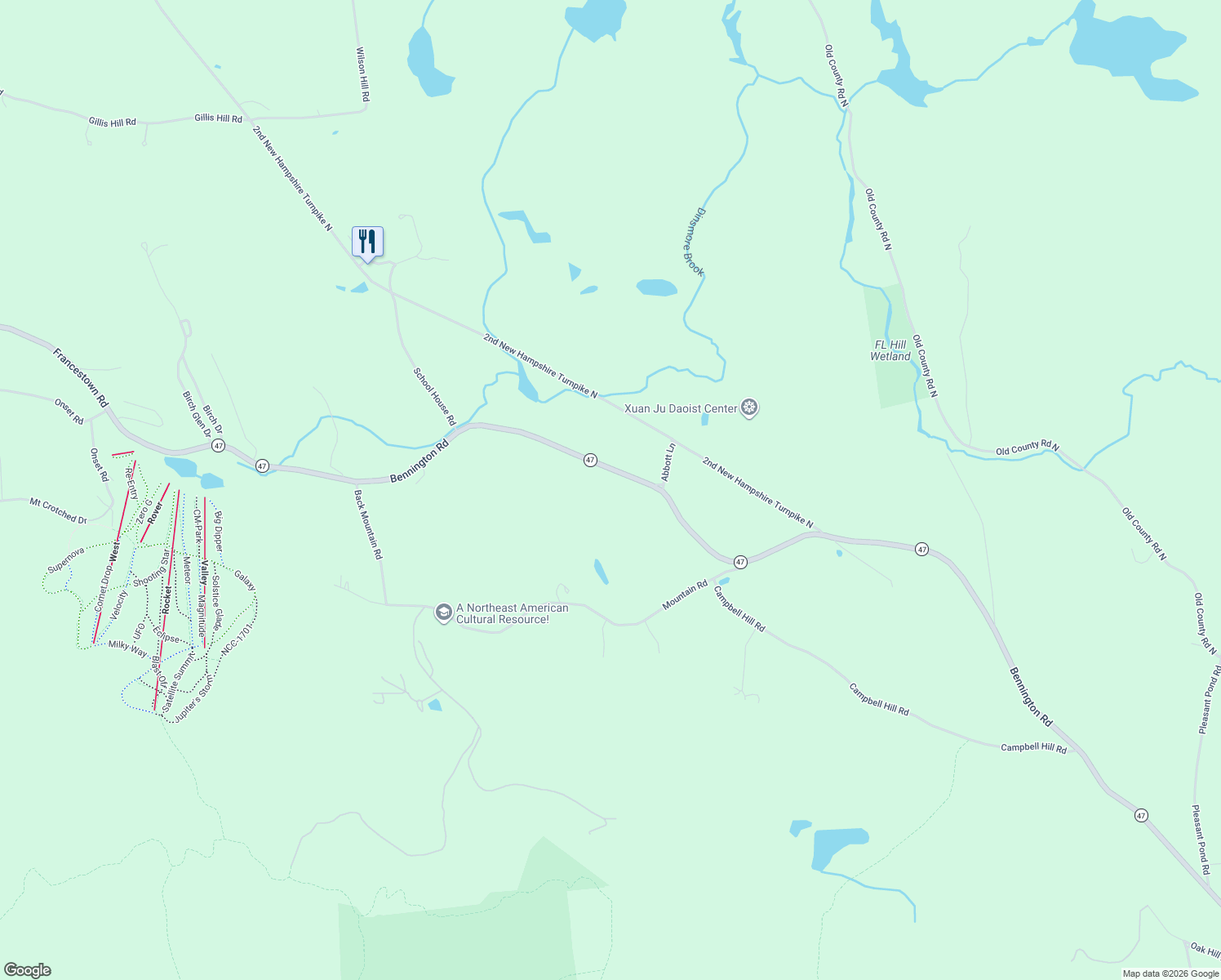 map of restaurants, bars, coffee shops, grocery stores, and more near 1127 Bennington Road in Francestown