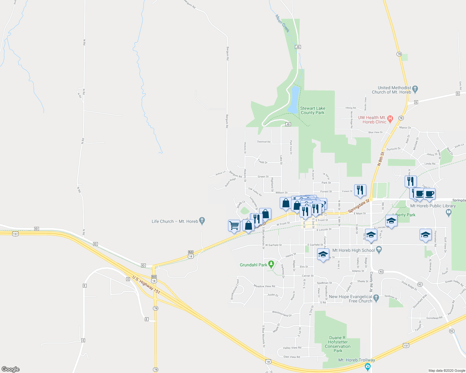 map of restaurants, bars, coffee shops, grocery stores, and more near 110 Hickory Street in Mount Horeb