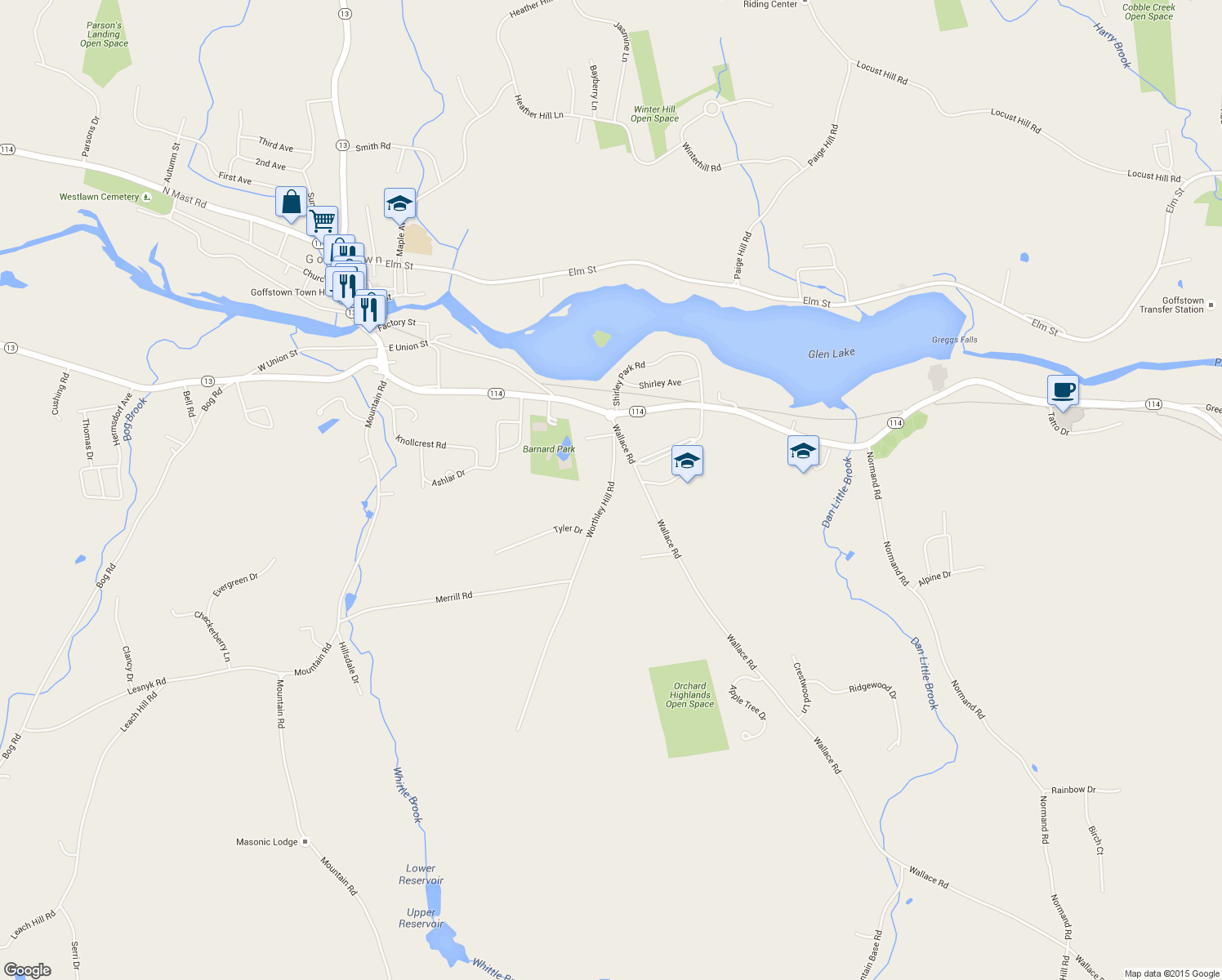 map of restaurants, bars, coffee shops, grocery stores, and more near 35 Worthley Hill Road in Goffstown