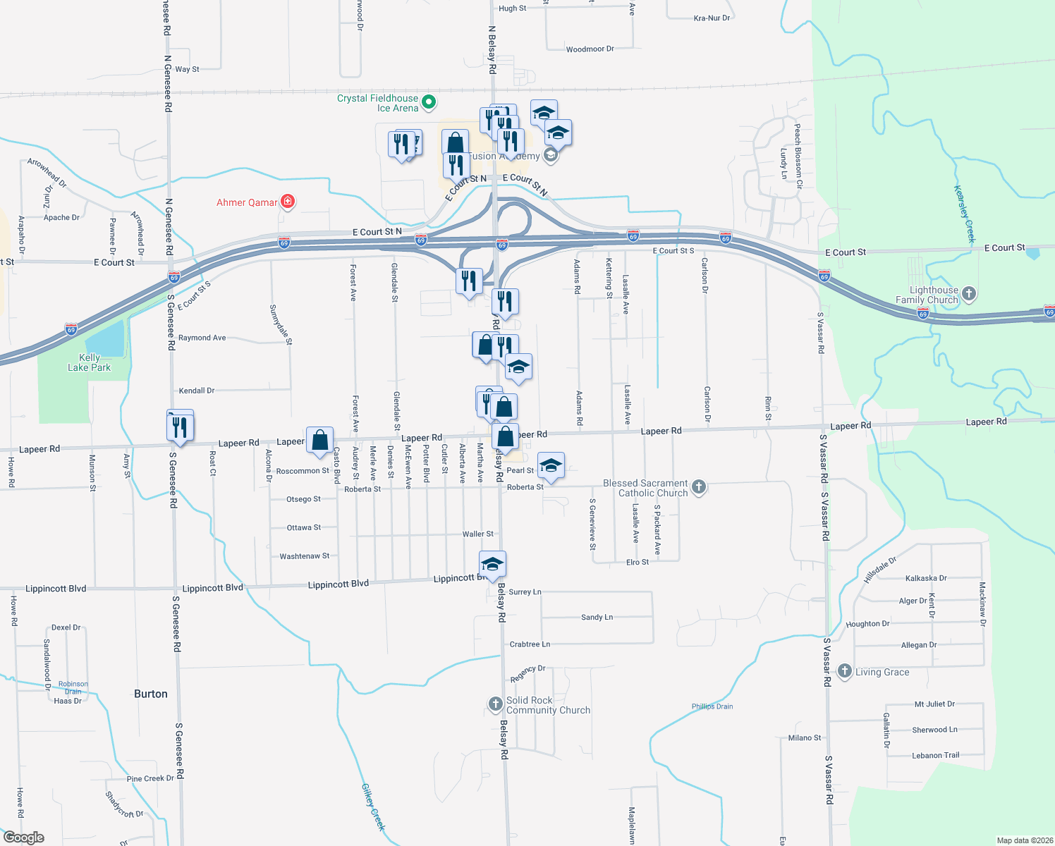 map of restaurants, bars, coffee shops, grocery stores, and more near 6049 Lapeer Road in Burton