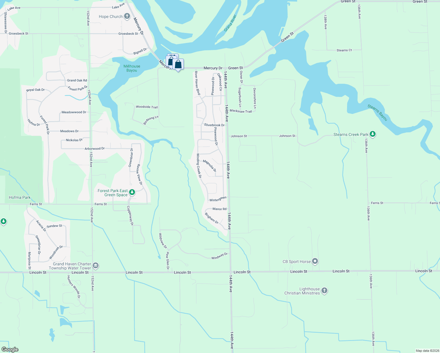 map of restaurants, bars, coffee shops, grocery stores, and more near 14468 Crooked Tree Lane in Grand Haven