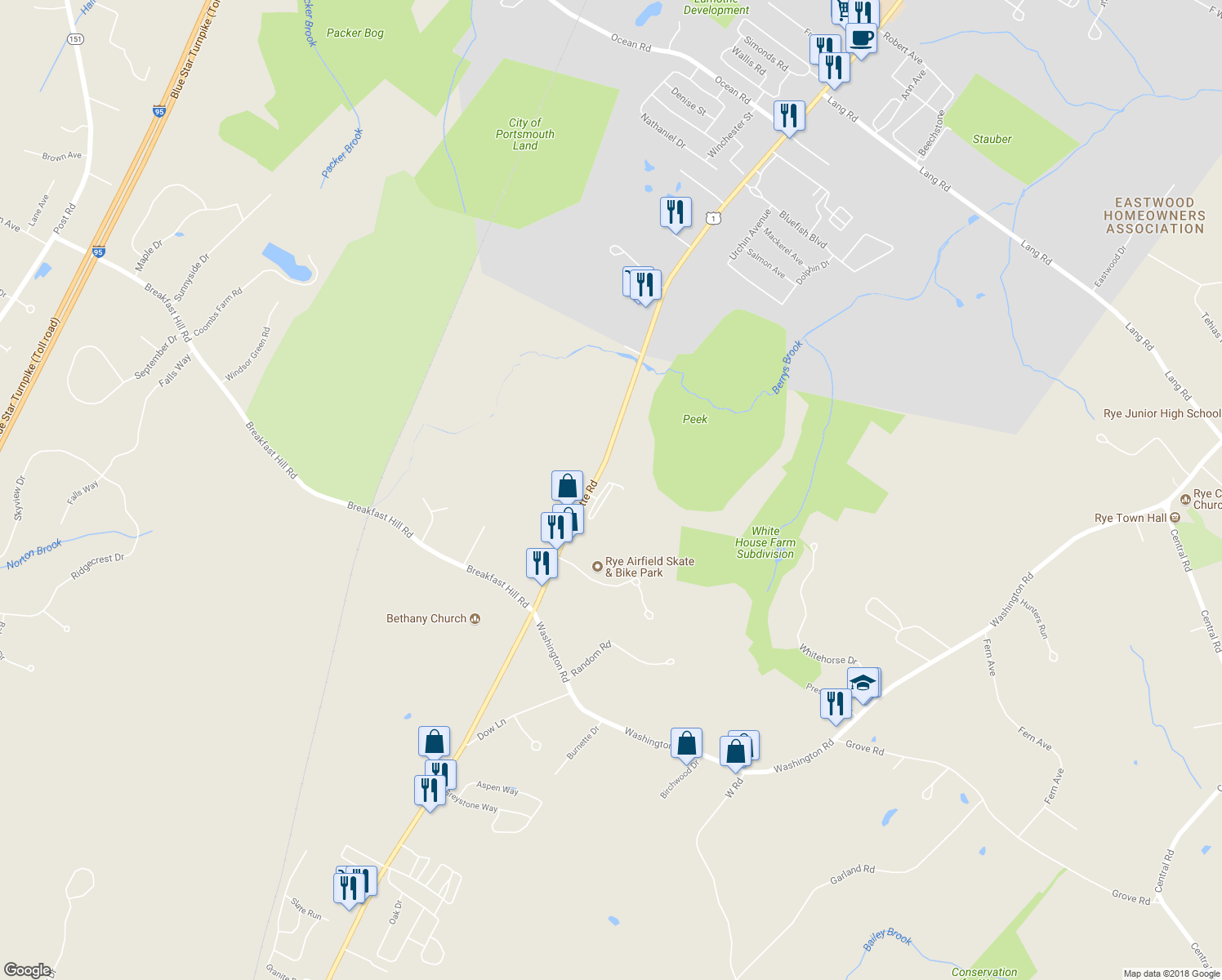 map of restaurants, bars, coffee shops, grocery stores, and more near 40 Adams Park in Rye