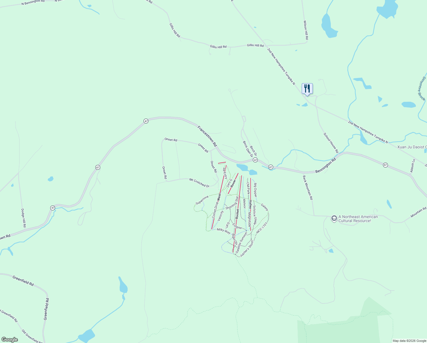 map of restaurants, bars, coffee shops, grocery stores, and more near Onset Road in Bennington