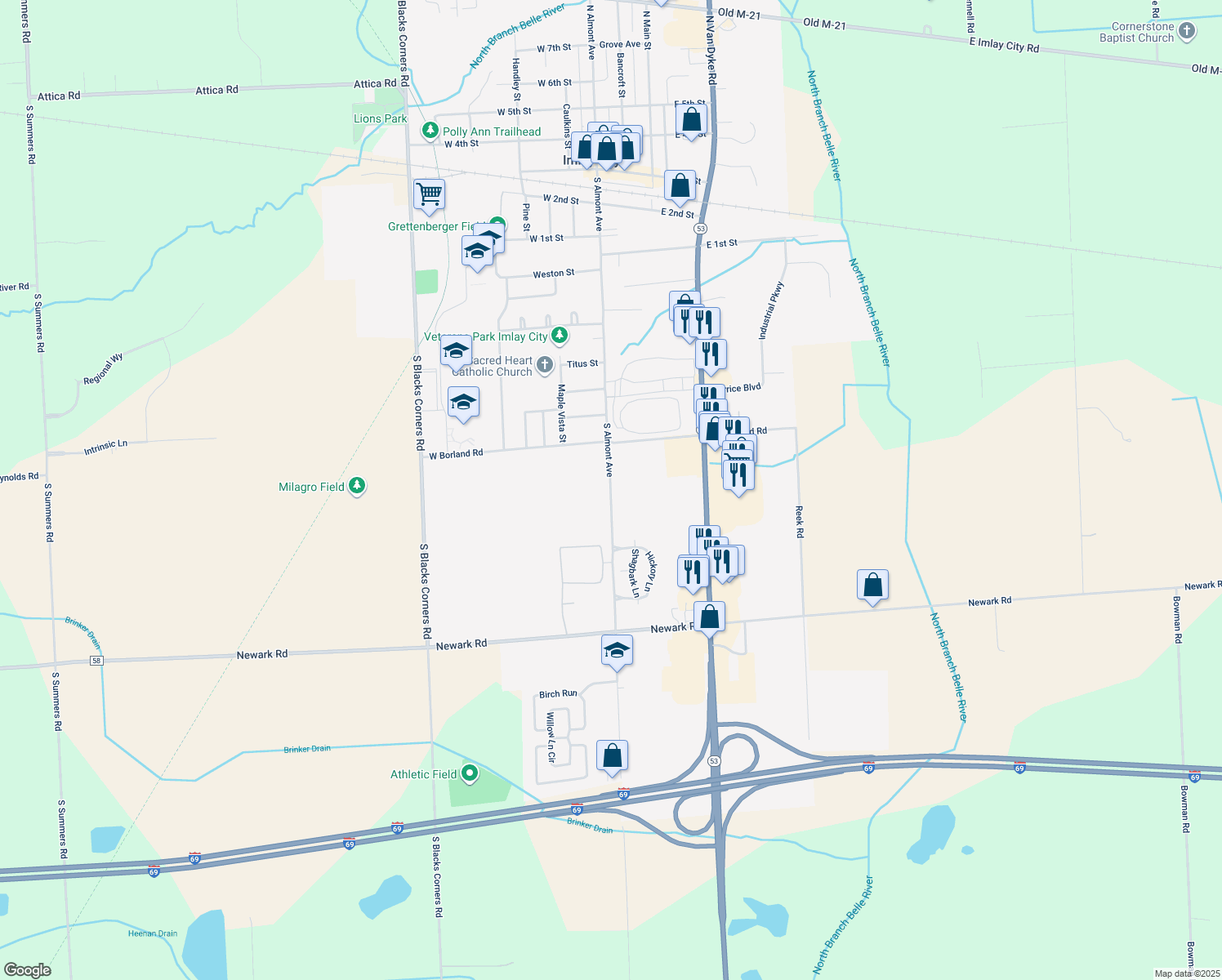 map of restaurants, bars, coffee shops, grocery stores, and more near 1795 South Almont Avenue in Imlay City