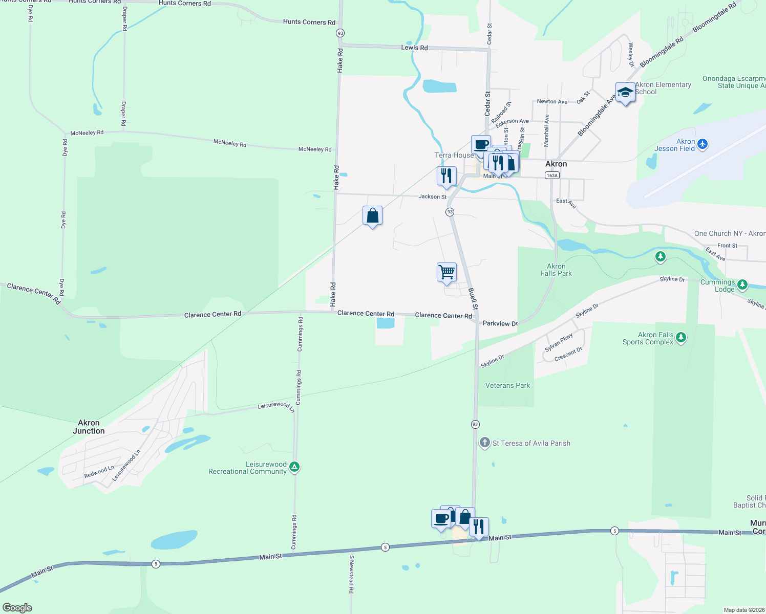 map of restaurants, bars, coffee shops, grocery stores, and more near 71 Clarence Center Rd in Akron