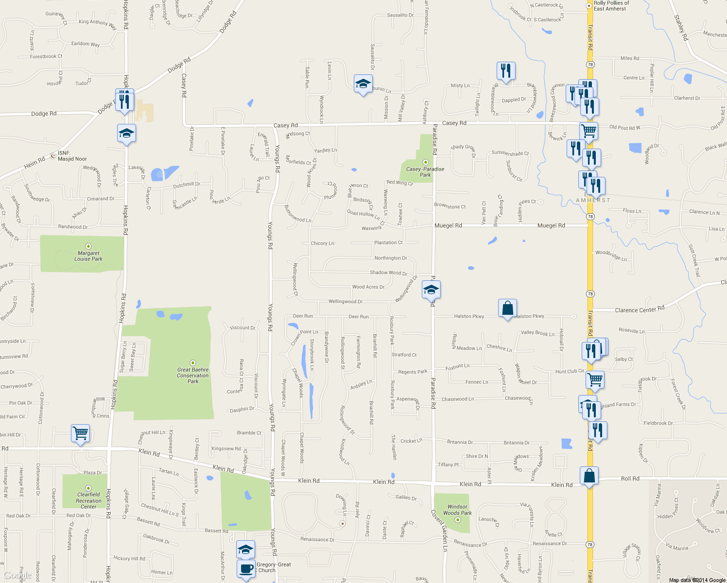 map of restaurants, bars, coffee shops, grocery stores, and more near 88 Wood Acres Drive in East Amherst