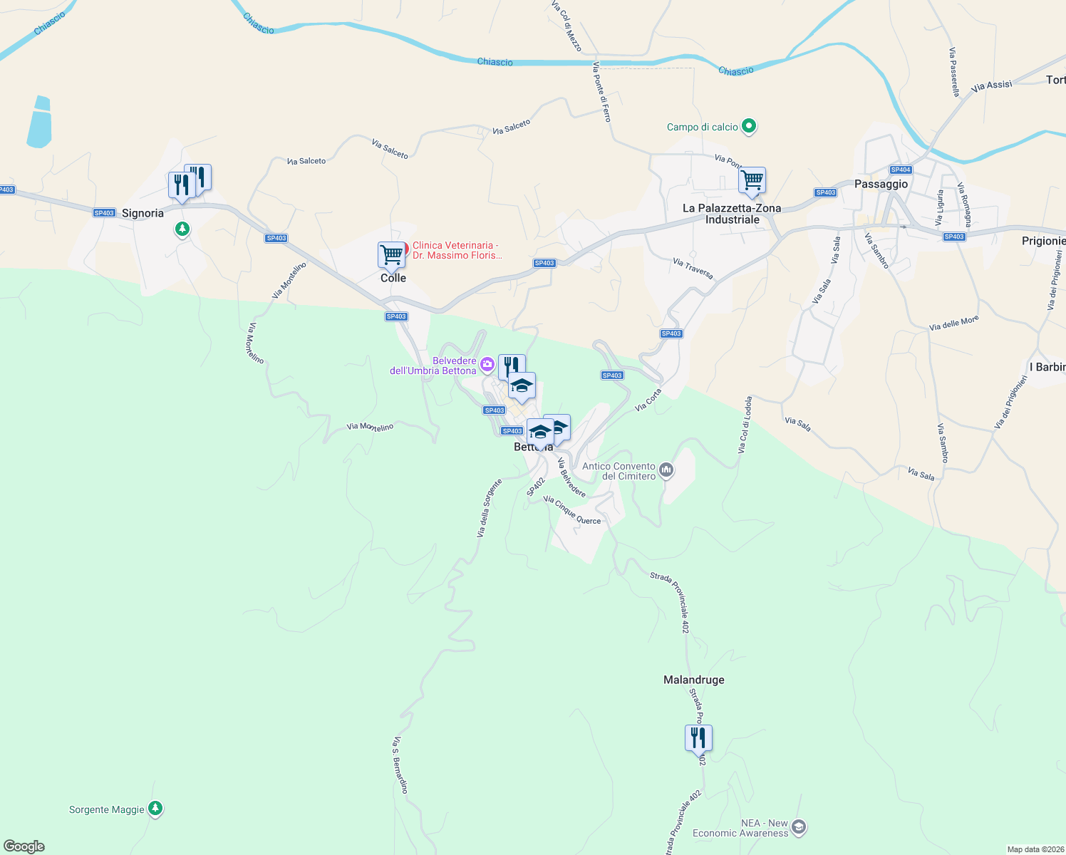 map of restaurants, bars, coffee shops, grocery stores, and more near Via Circonvallazione San Crispolto in Provincia di Perugia