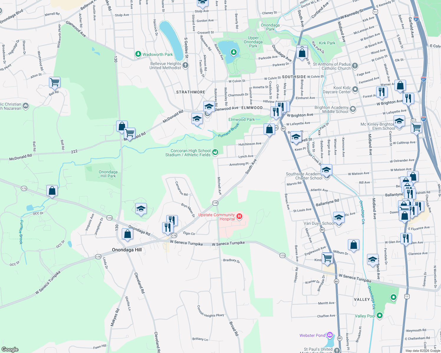 map of restaurants, bars, coffee shops, grocery stores, and more near 302 Mitchell Ave in Syracuse