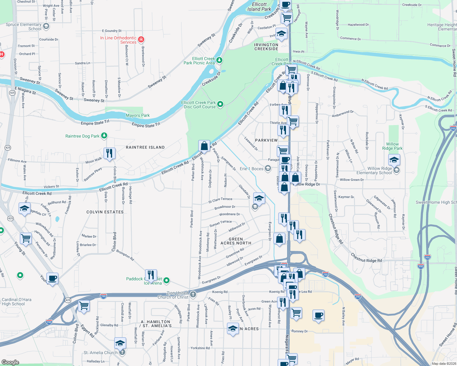 map of restaurants, bars, coffee shops, grocery stores, and more near 57 Nadon Place in Tonawanda