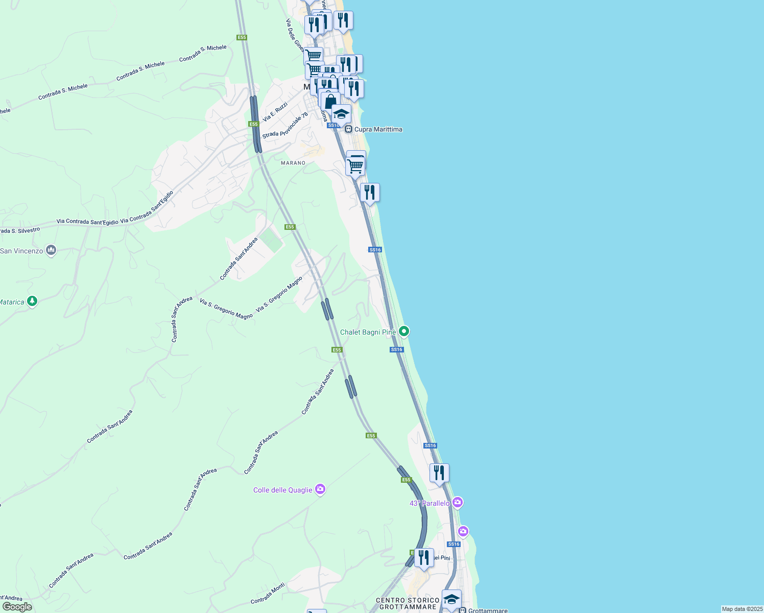 map of restaurants, bars, coffee shops, grocery stores, and more near 44 Via Adriatica Sud in Cupra Marittima