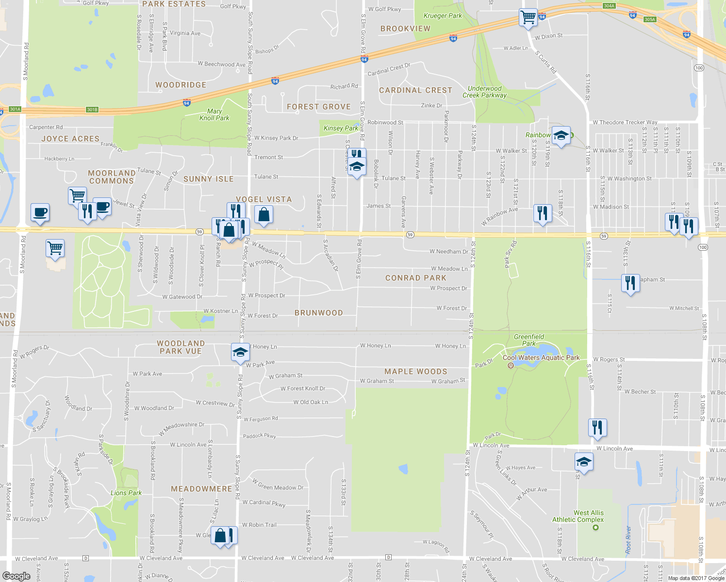 map of restaurants, bars, coffee shops, grocery stores, and more near 13123 West Prospect Drive in New Berlin
