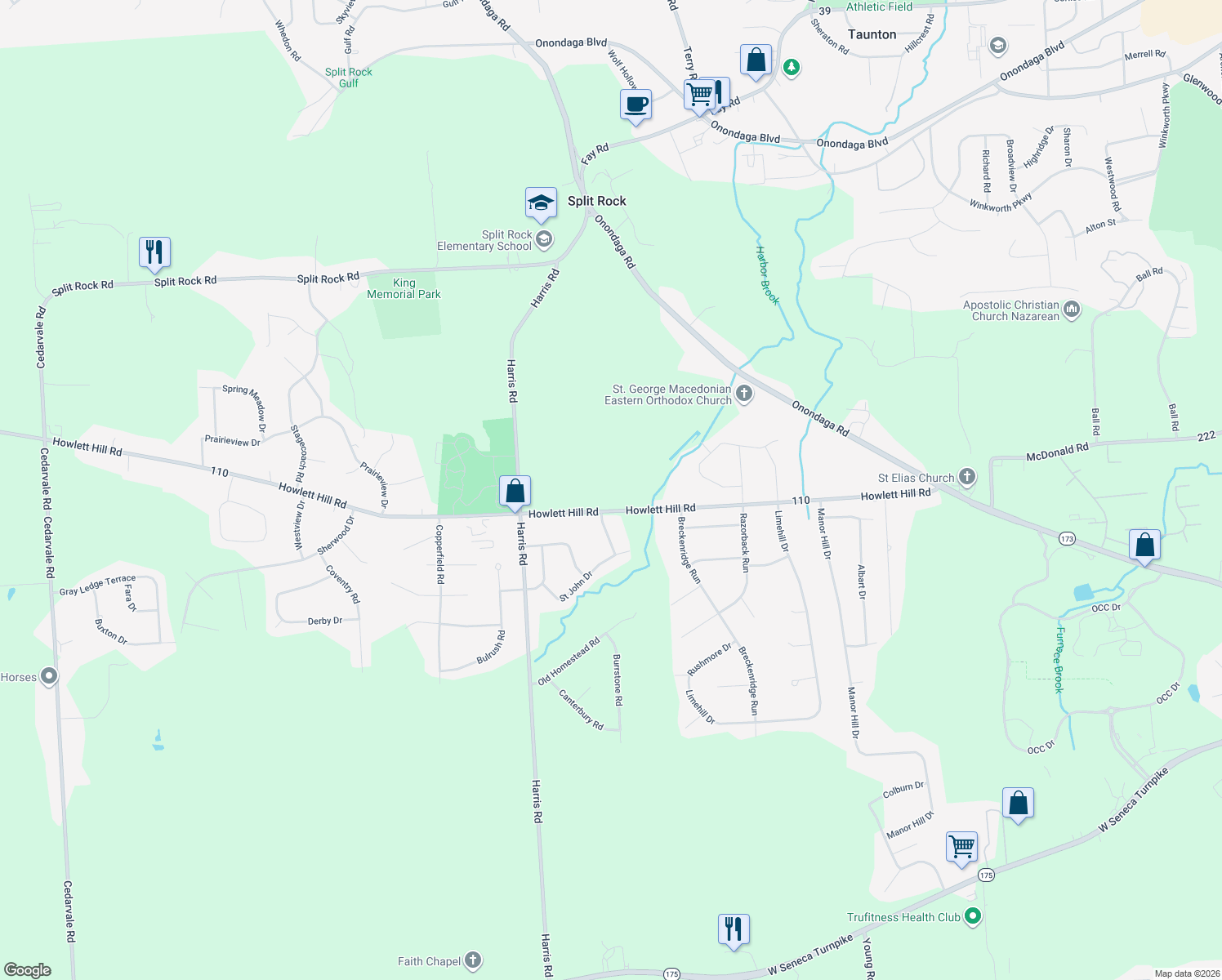 map of restaurants, bars, coffee shops, grocery stores, and more near 4195 Howlett Hill Road in Syracuse