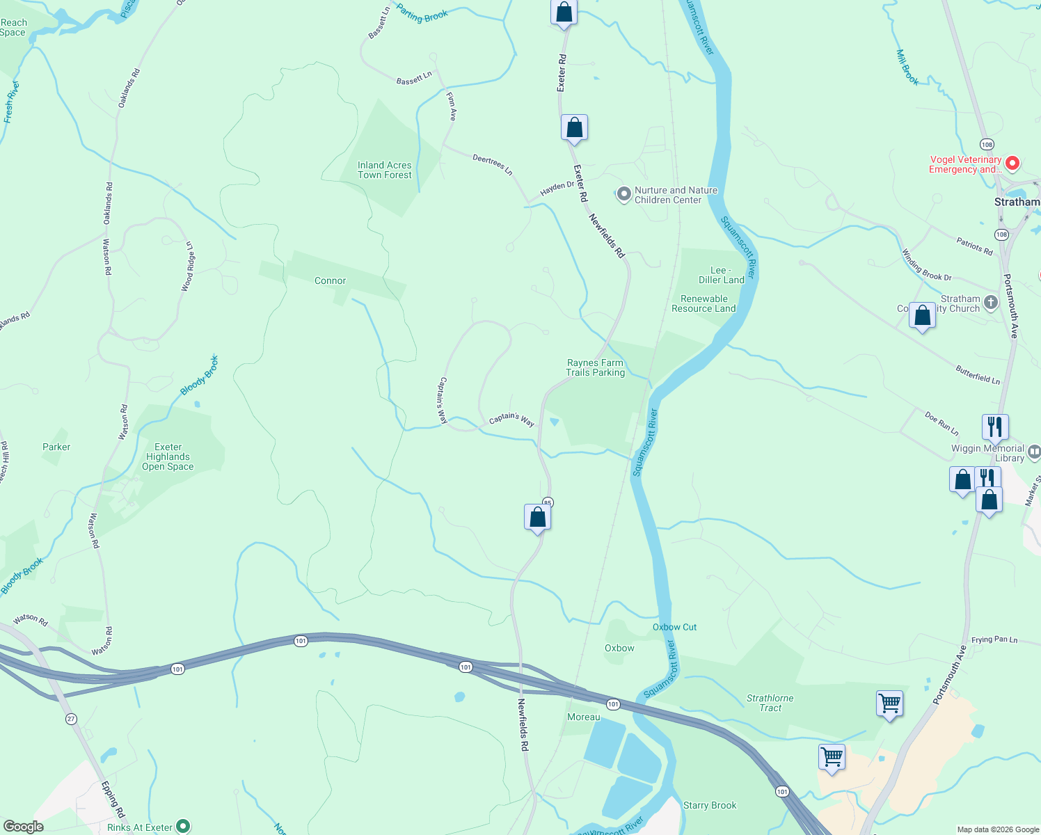 map of restaurants, bars, coffee shops, grocery stores, and more near 9 Captain's Way in Exeter