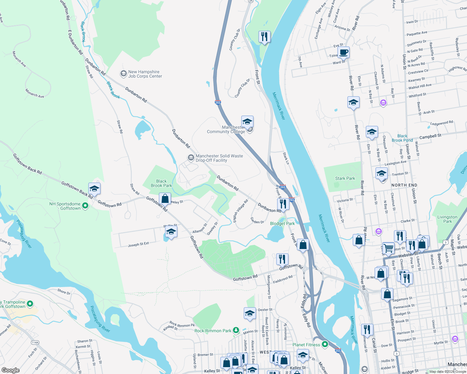 map of restaurants, bars, coffee shops, grocery stores, and more near 345 Dunbarton Road in Manchester