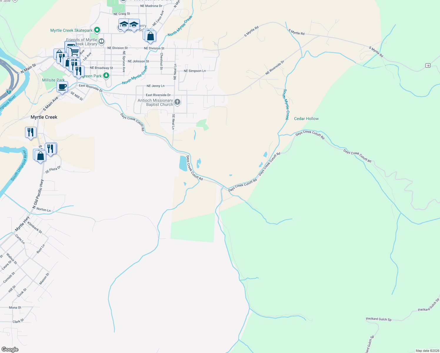 map of restaurants, bars, coffee shops, grocery stores, and more near 1374 Days Creek Cutoff Road in Myrtle Creek