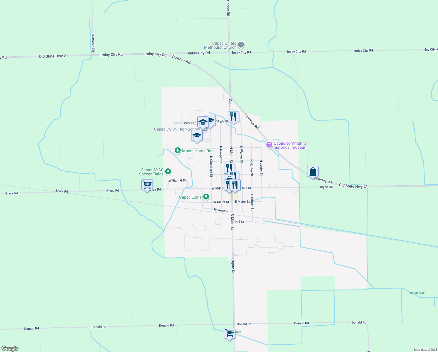 map of restaurants, bars, coffee shops, grocery stores, and more near 113 North Neeper Street in Capac