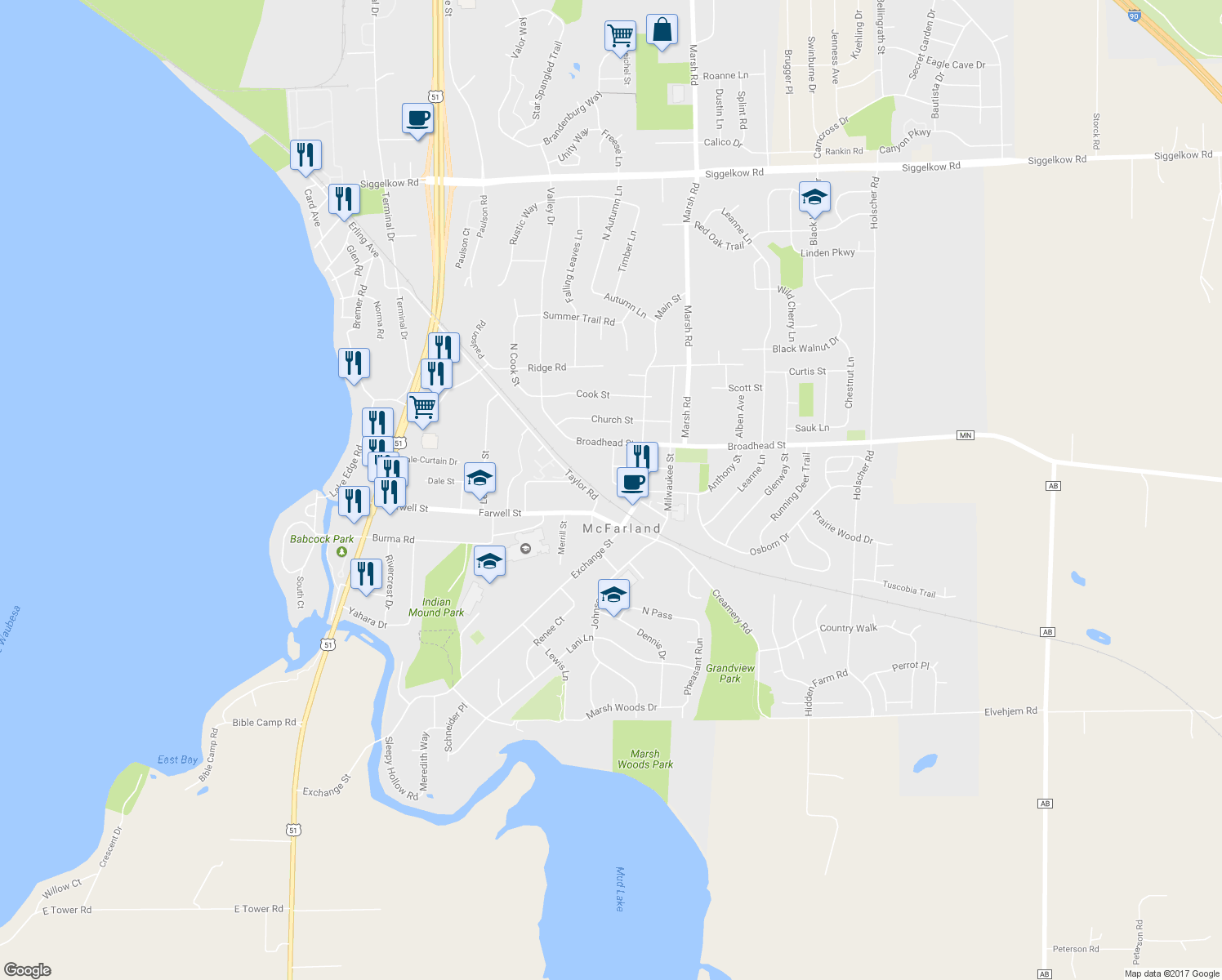 map of restaurants, bars, coffee shops, grocery stores, and more near 5303 Long Street in McFarland