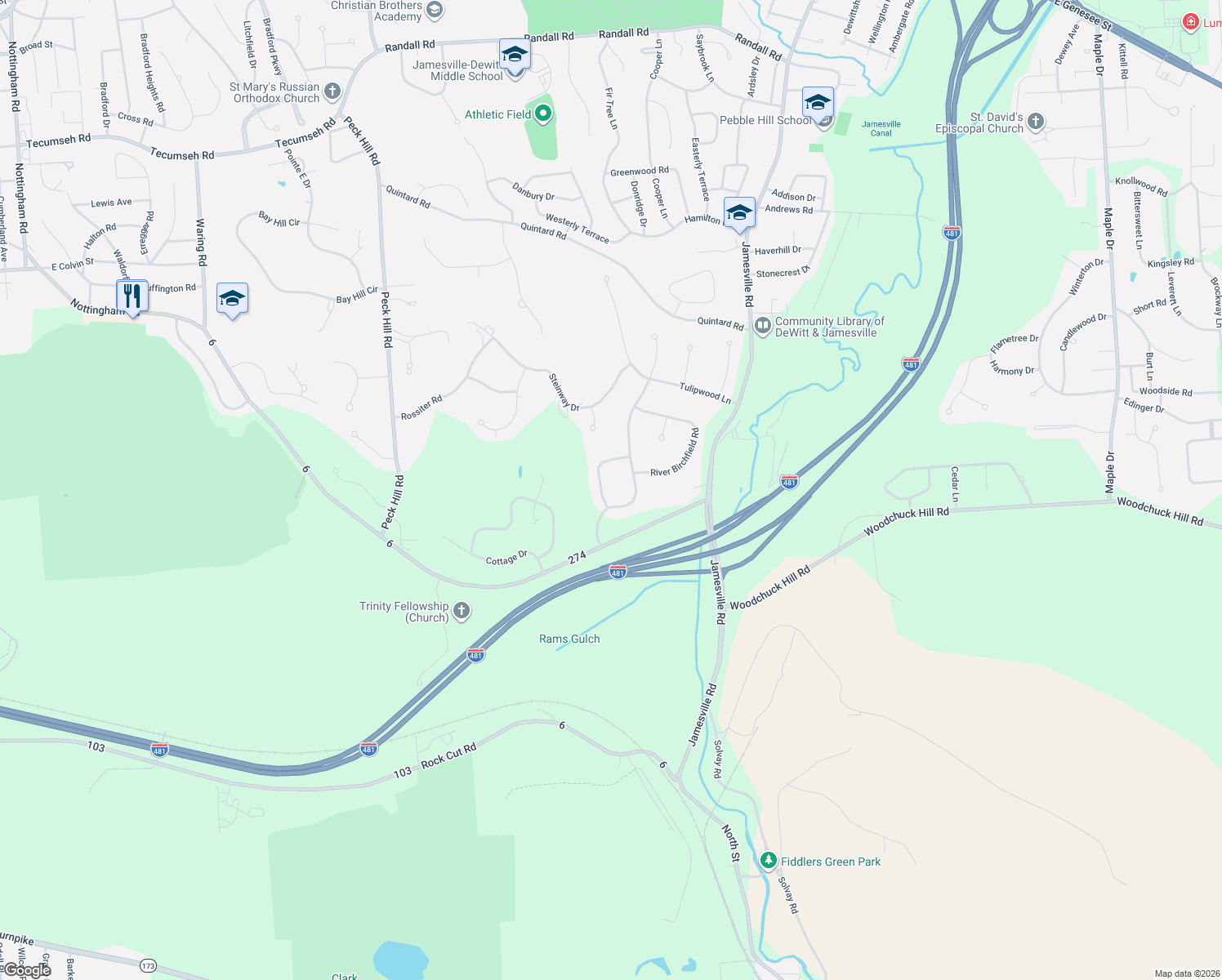 map of restaurants, bars, coffee shops, grocery stores, and more near 6414 Cricklewood Green Ln in Jamesville