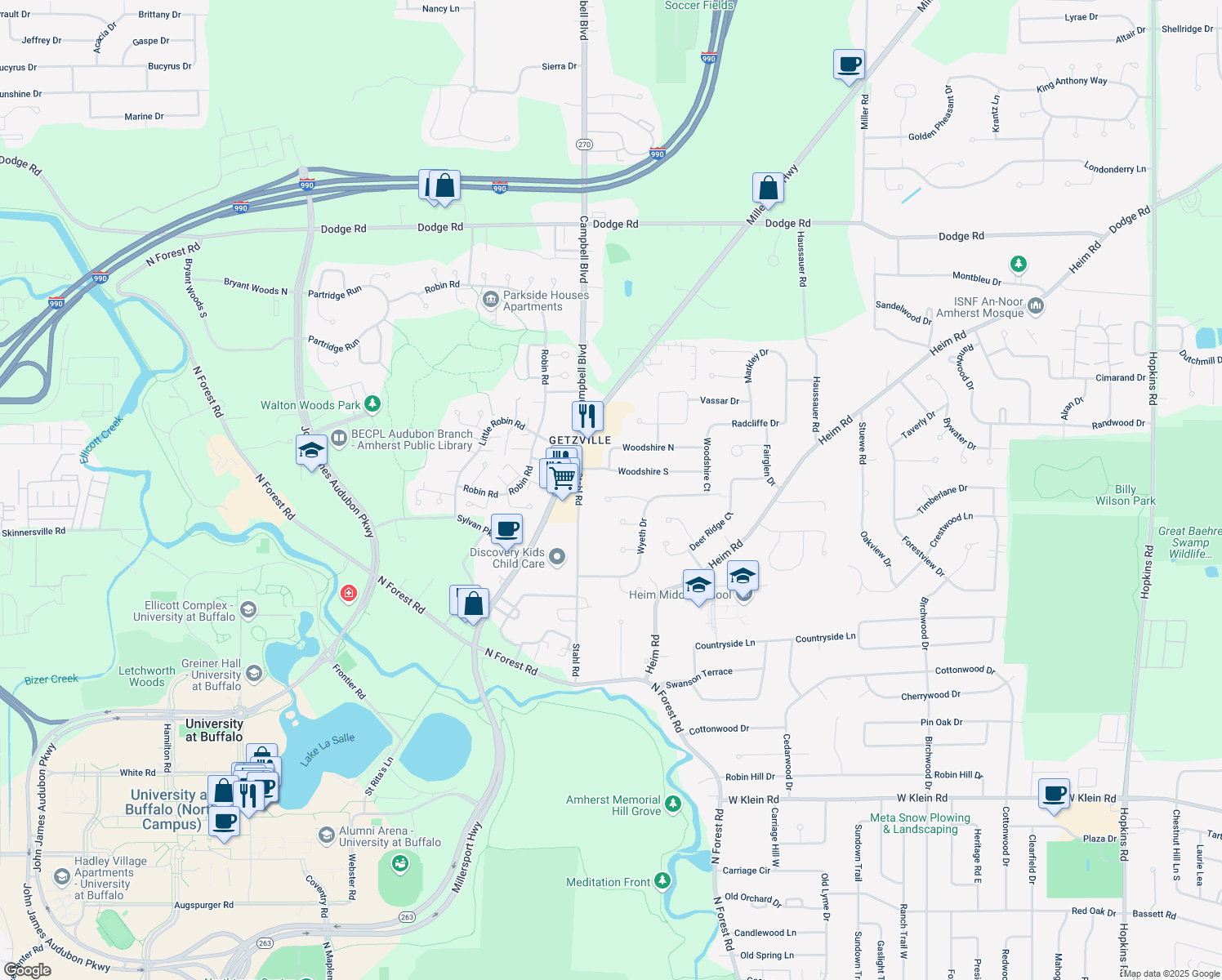 map of restaurants, bars, coffee shops, grocery stores, and more near 64 Drawbridge Ct in Getzville