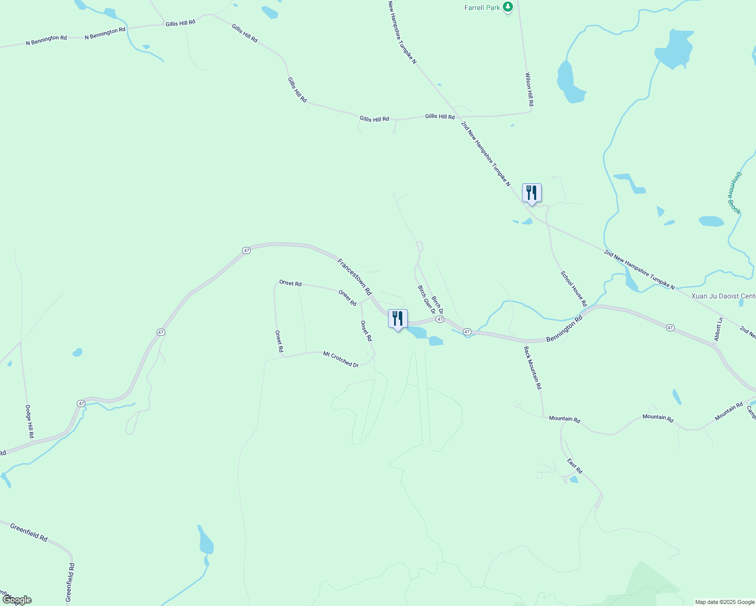 map of restaurants, bars, coffee shops, grocery stores, and more near 576 Francestown Road in Bennington